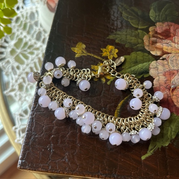 Ann Taylor Women's Metallic Gold Pink Bobble Rhinestone Accents 7.5-9” Bracelet - Picture 2 of 7